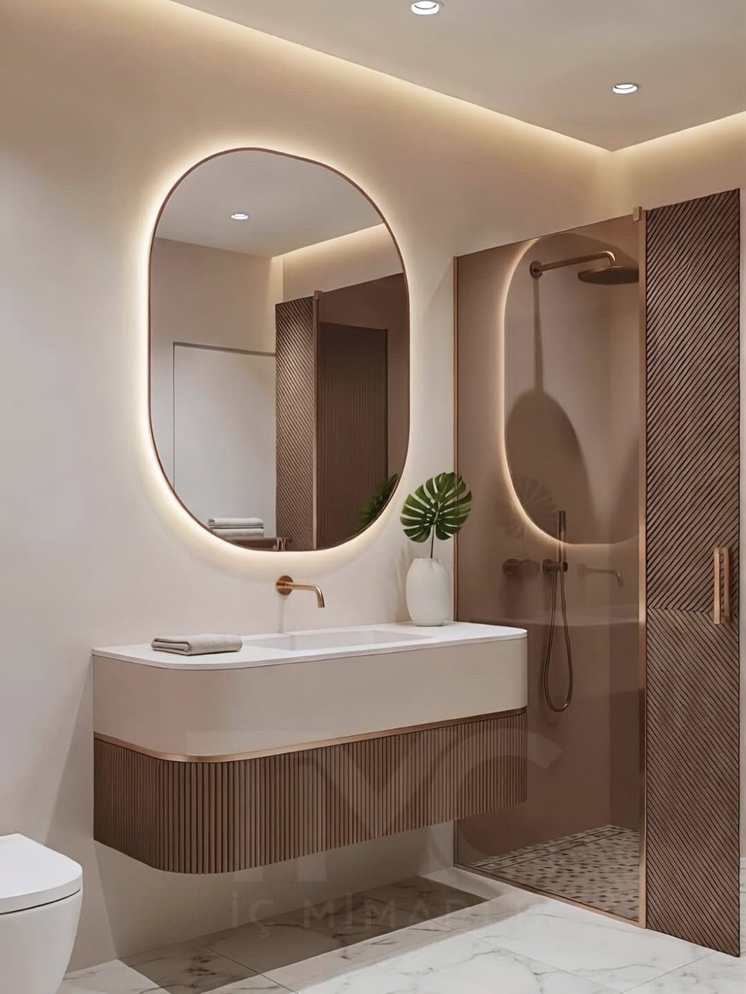 Modern Banyo Tasarımı | Oval LED Ayna, Nervür Cam ve Soft Bej Tonlar doğal ahşap dokusu, kaplama ve hassas birleşim noktaları