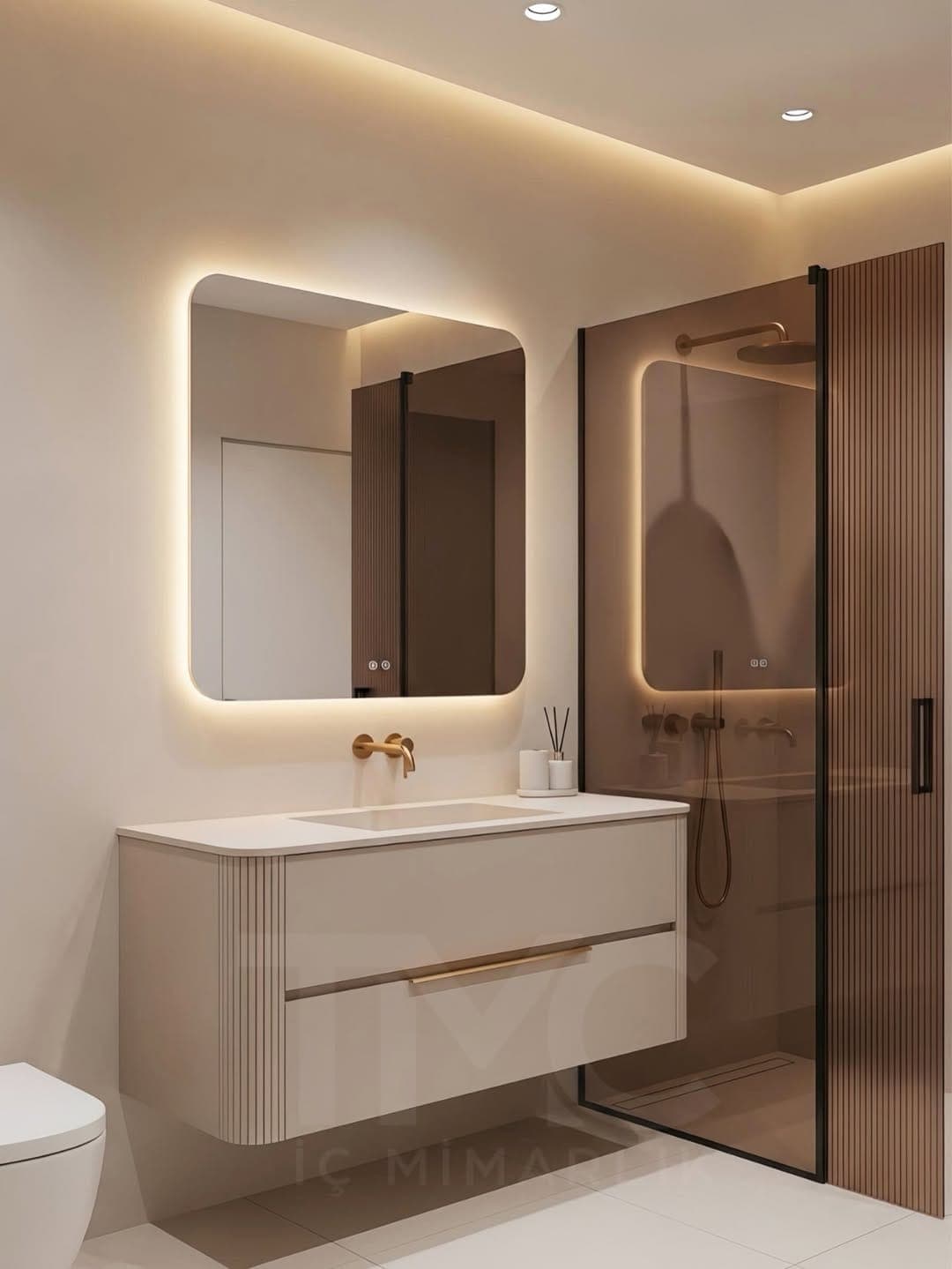 Modern Banyo Tasarımı | Oval LED Ayna, Nervür Cam ve Soft Bej Tonlar gizli LED aydınlatma detayları ve depolama bölmeleri