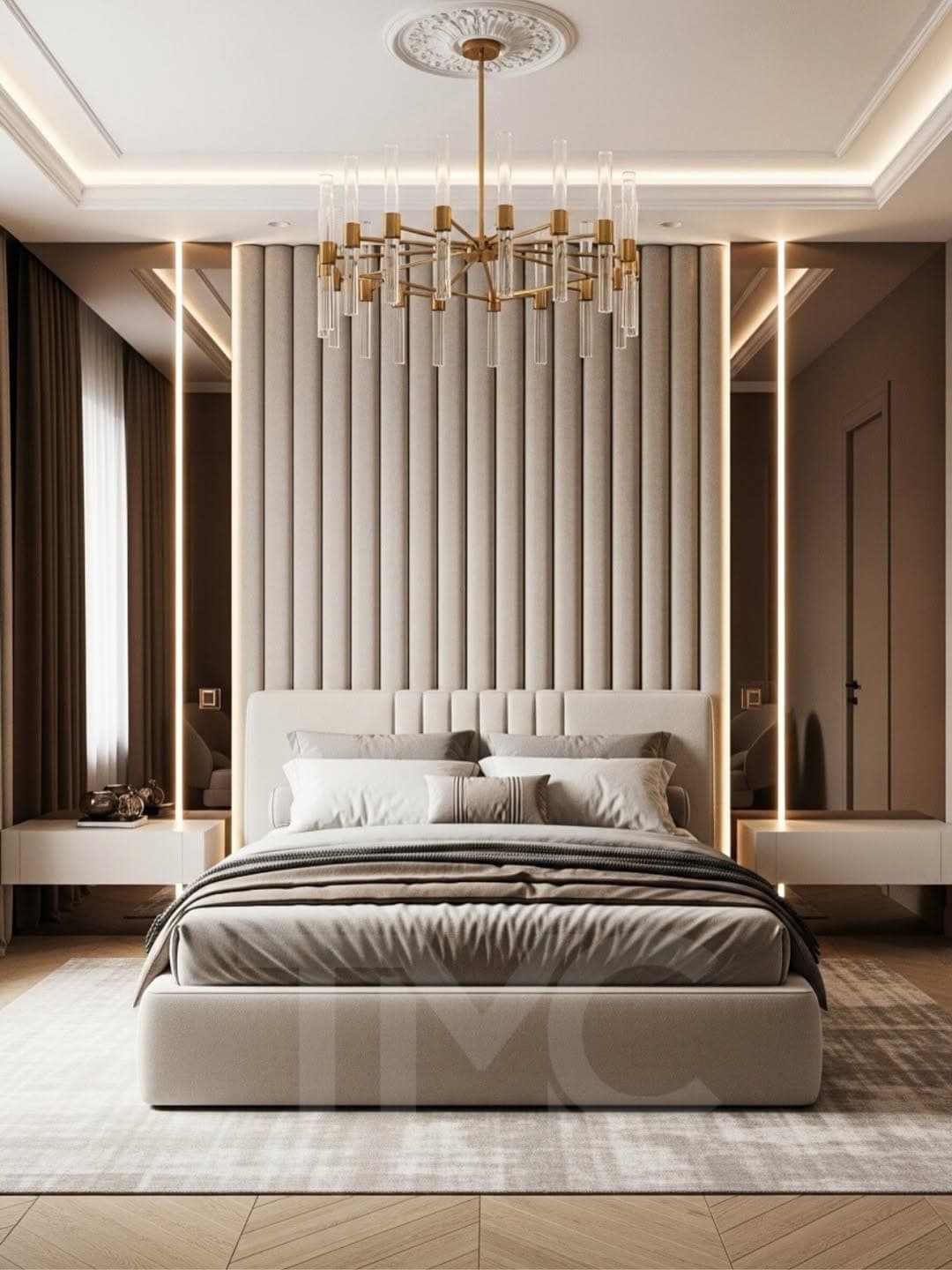 Modern Klasik Yatak Odası Tasarımı | Vizon Tonlar ve Gold Detaylı Lüks İç Mimari gizli LED aydınlatma detayları ve depolama bölmeleri