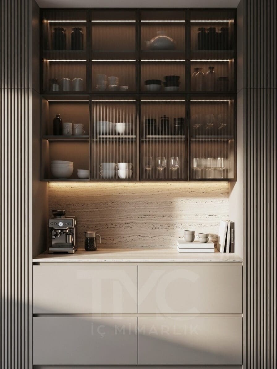 Modern Coffee Corner Tasarımı genel mimari perspektifi ve ana mobilya görünümü