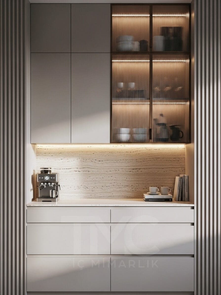 Modern Coffee Corner Tasarımı tamamlayıcı mimari detay ve yüzey kaplama kalitesi