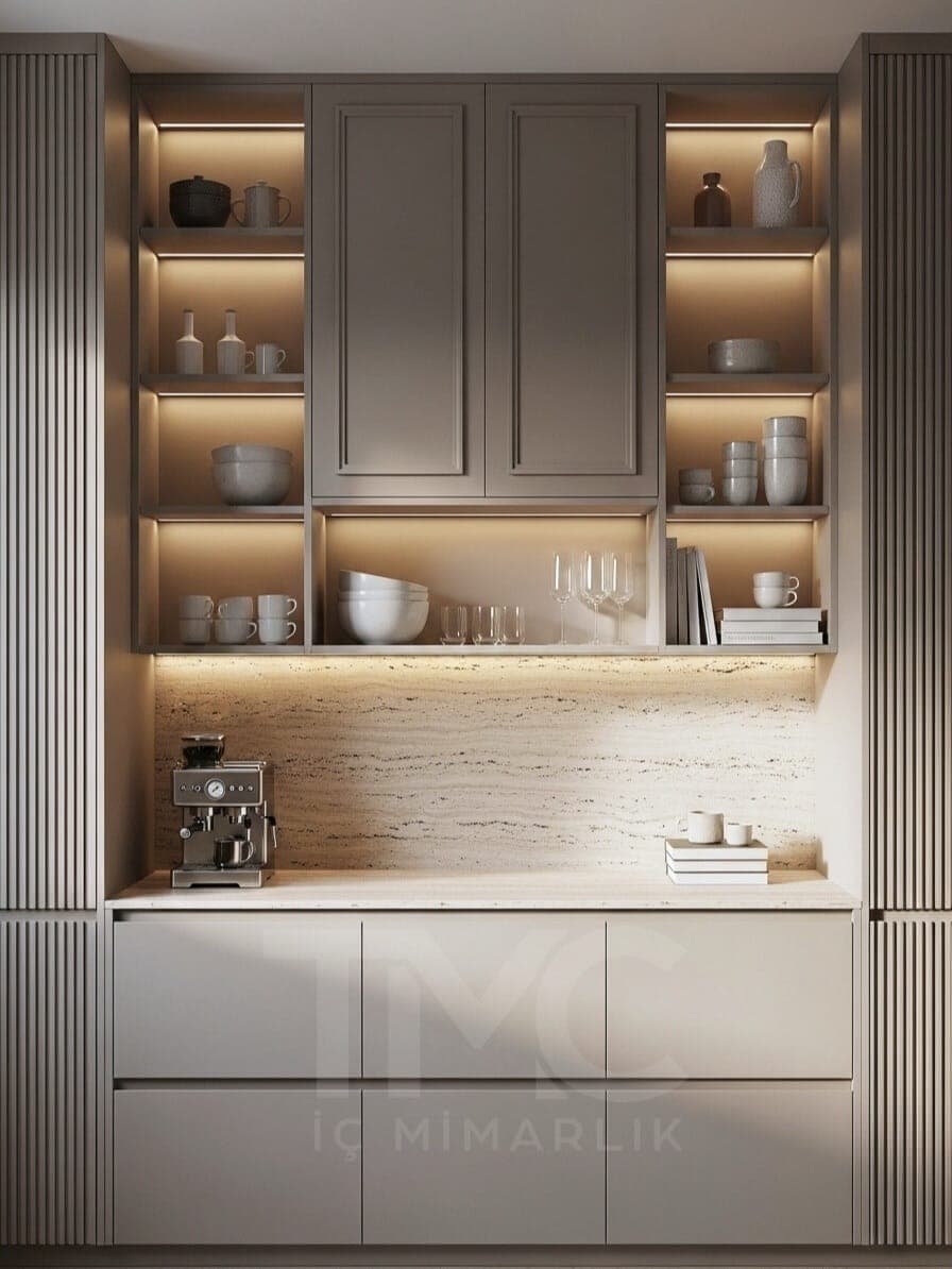 Modern Coffee Corner Tasarımı iç mekân yerleşimi ve özel üretim lake işçiliği