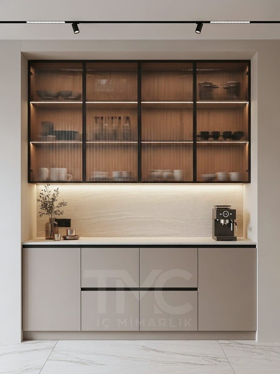 Zen Loft Kitchen | Özel Tasarım Mutfak ve Kahve Köşesi iç mekân yerleşimi ve özel üretim lake işçiliği