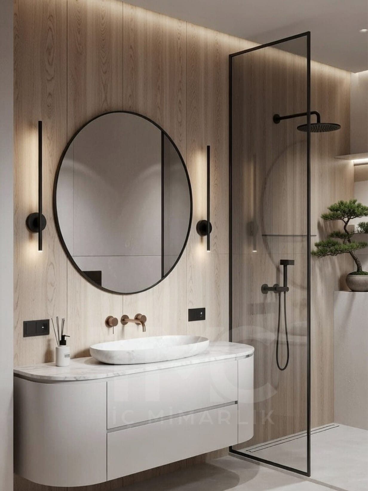 Aura Modern Banyo Tasarımı genel mimari perspektifi ve ana mobilya görünümü