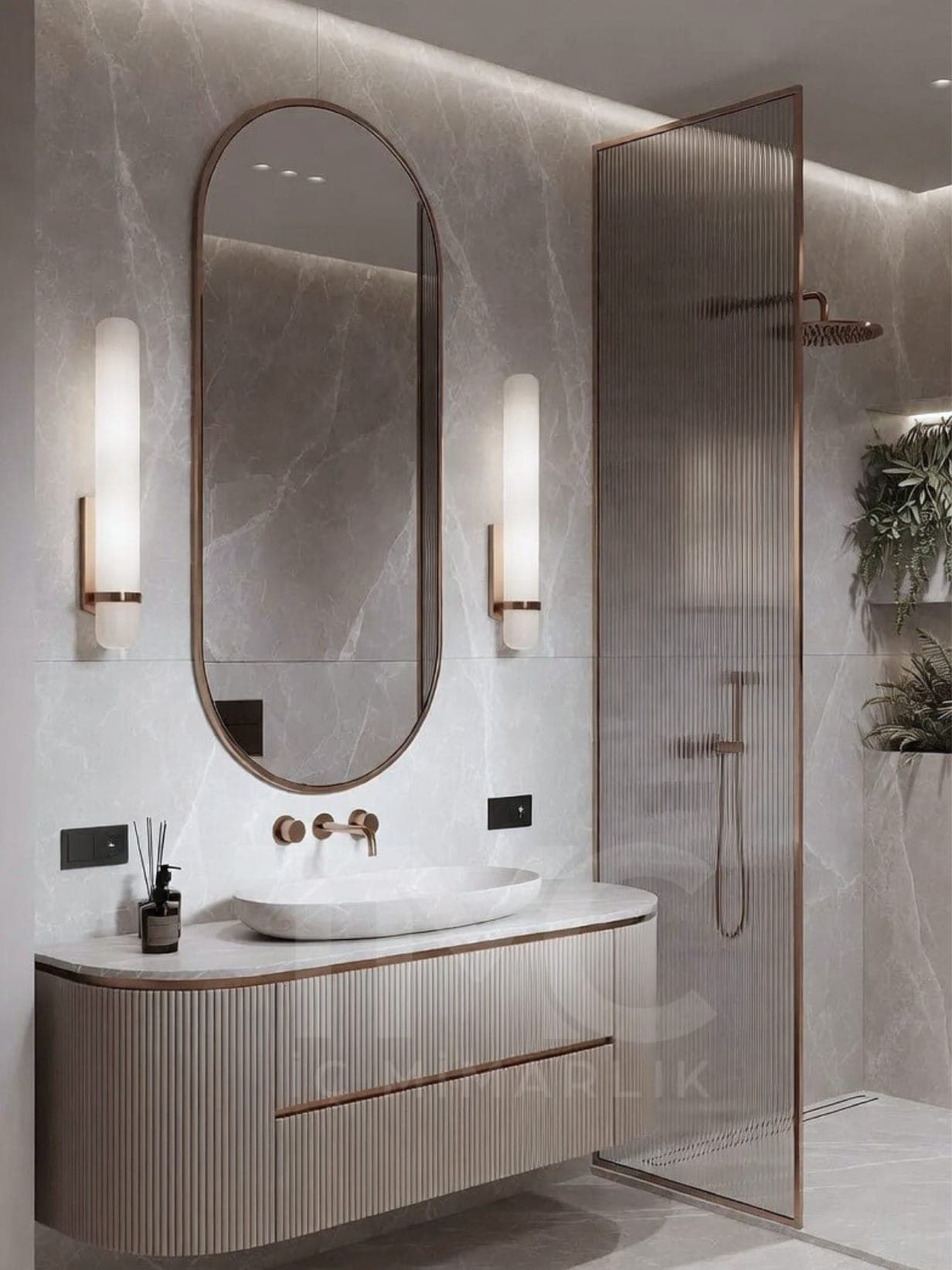 Aura Modern Banyo Tasarımı gizli LED aydınlatma detayları ve depolama bölmeleri