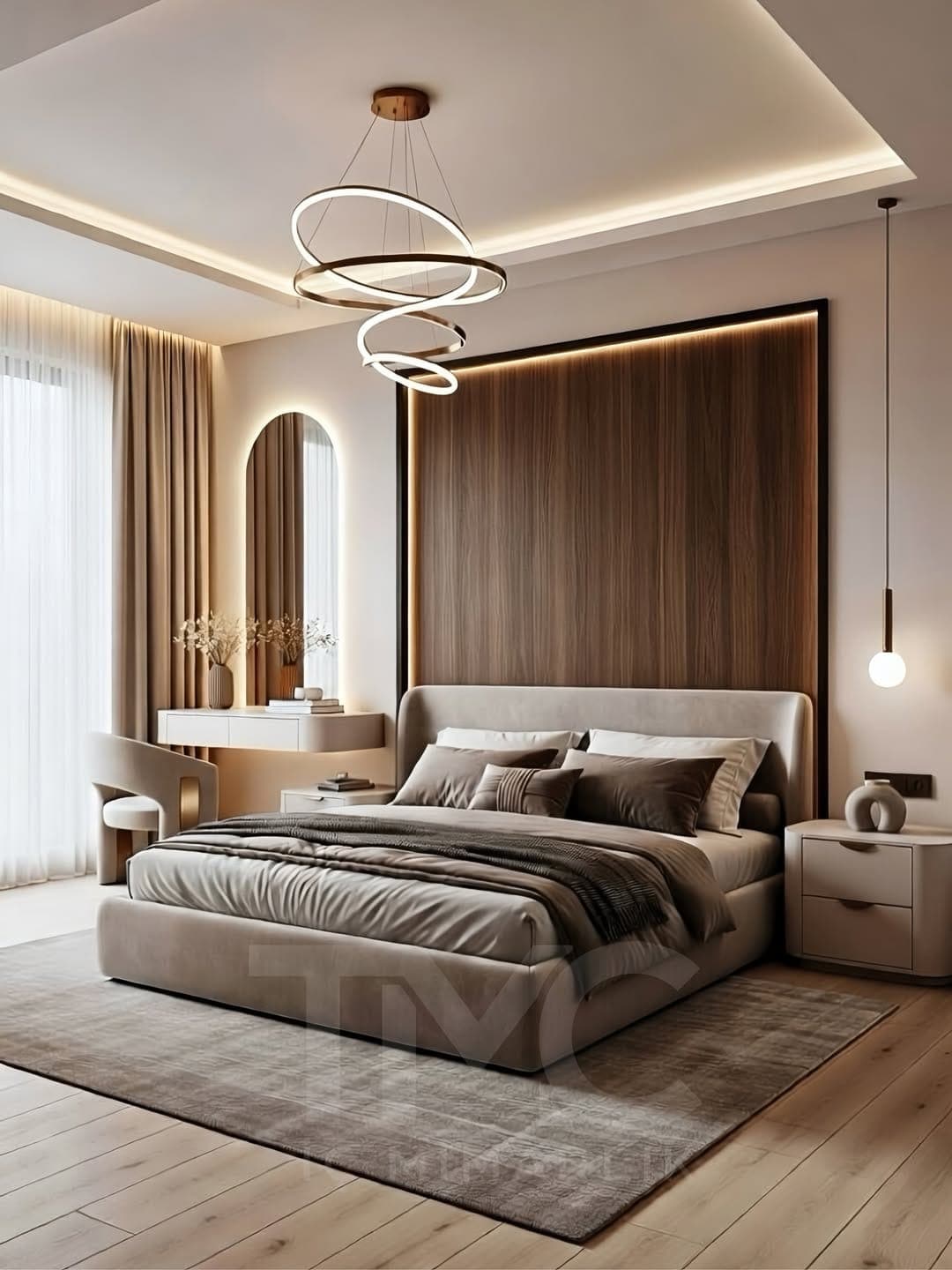 Lora Residence – Yatak Odası Tasarımı | Ayşe & Mehmet Çifti iç mekân yerleşimi ve özel üretim lake işçiliği