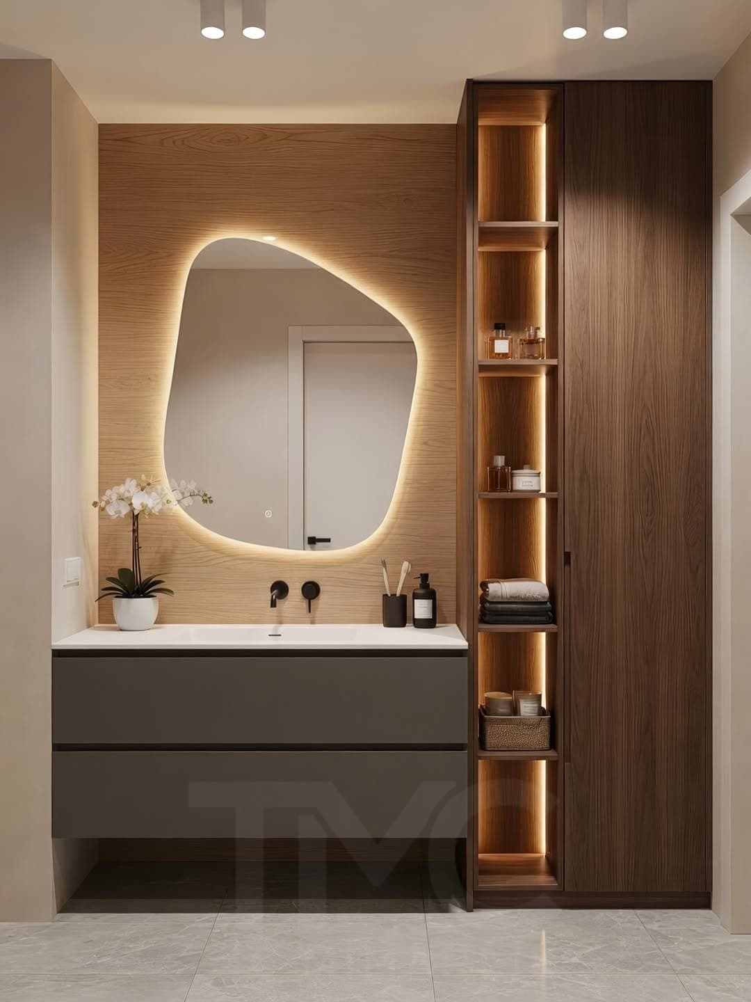 Modern Banyo Tasarımı | Vera Concept Ankara doğal ahşap dokusu, kaplama ve hassas birleşim noktaları