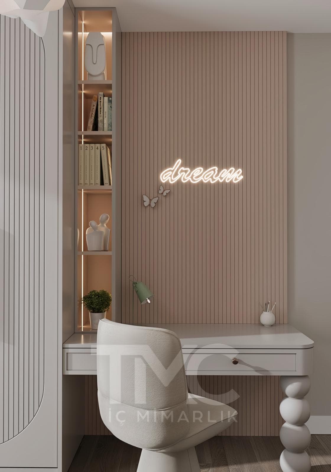 Genç Odası Tasarımı – Luna Dream House gizli LED aydınlatma detayları ve depolama bölmeleri