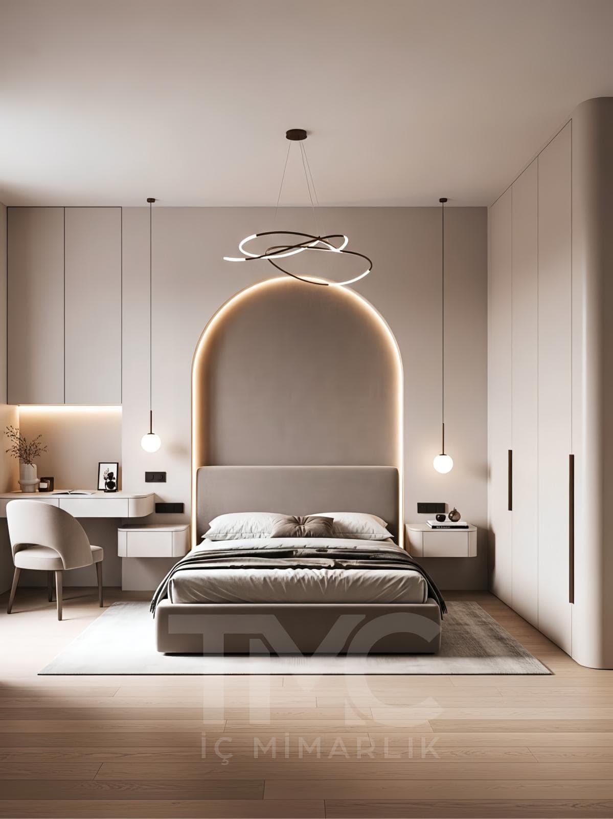 Luna Arch Residence – Yatak Odası Tasarımı | İstanbul Ataşehir fonksiyonel kullanım ergonomisi ve mimari detay görünümü