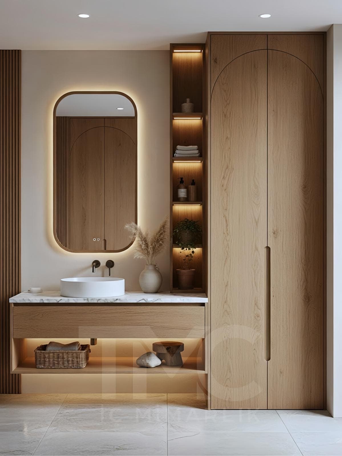 Modern Banyo Dolabı Tasarımı – Tavana Kadar Depolama ve LED Niş Detayları doğal ahşap dokusu, kaplama ve hassas birleşim noktaları