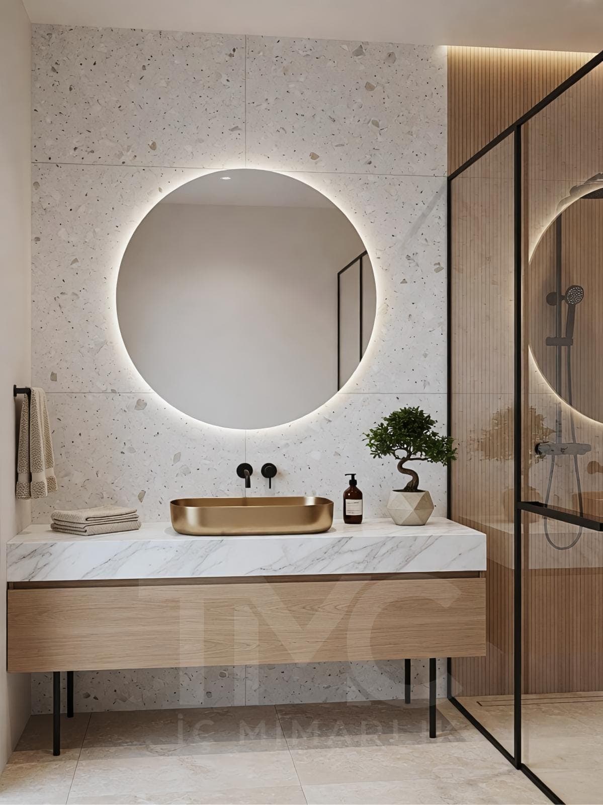 Modern Banyo Tasarımı | Selin & Emre Evi – Kadıköy iç mekân yerleşimi ve özel üretim lake işçiliği