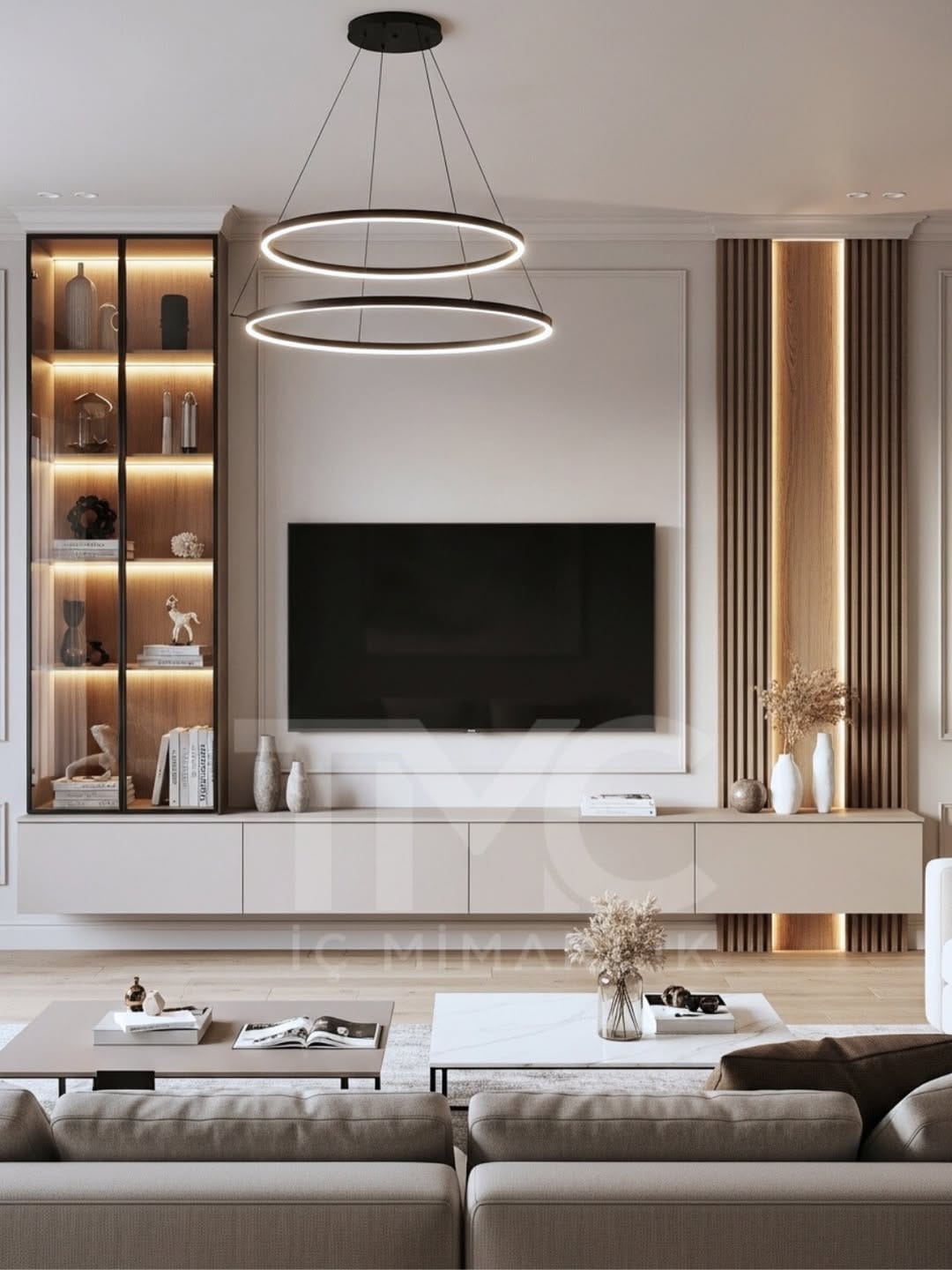 Modern TV Ünitesi Tasarımı | Vizon Tonlarda LED Aydınlatmalı Salon Dekorasyonu - Görsel 6