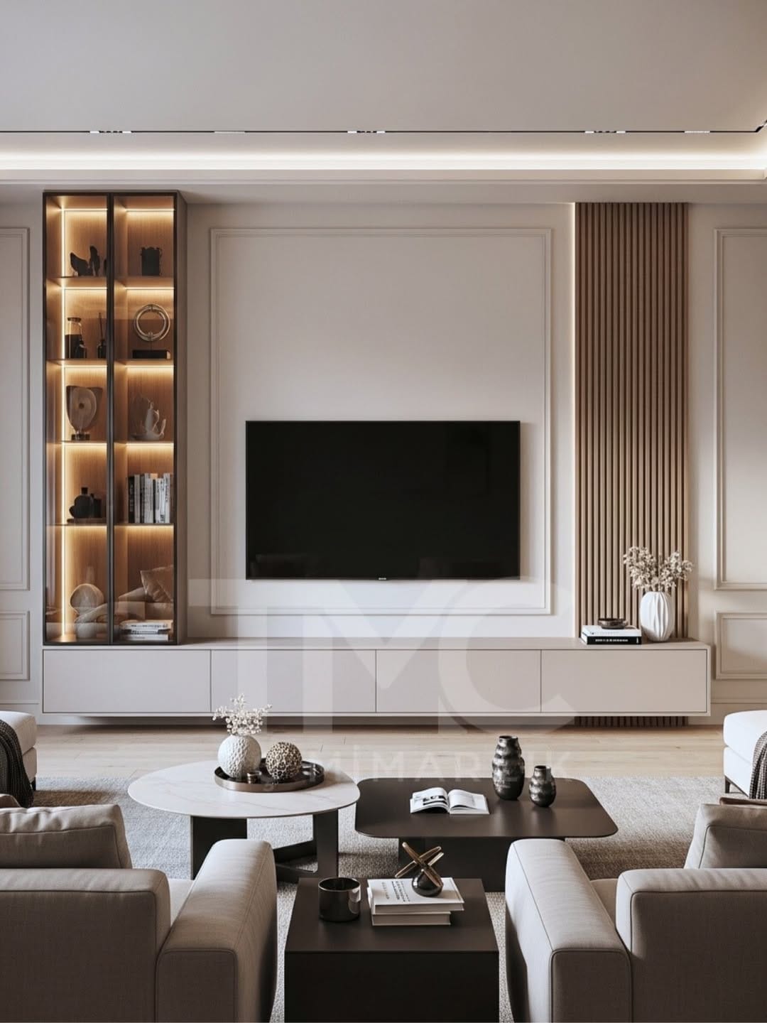 Modern TV Ünitesi Tasarımı | Vizon Tonlarda LED Aydınlatmalı Salon Dekorasyonu - Görsel 5