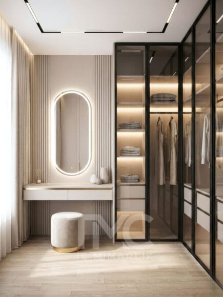 Özel Giyinme Odası Tasarımı | Vizon Tonlarda Modern Giyinme Alanı – TMC Mimarlık