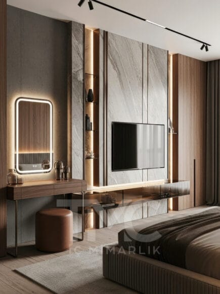 Etiler Beşiktaş Modern Yatak Odası TV Ünitesi ve Makyaj Alanı Tasarımı
