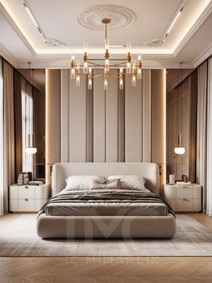 Modern Klasik Yatak Odası Tasarımı | Vizon Tonlar ve Gold Detaylı Lüks İç Mimari