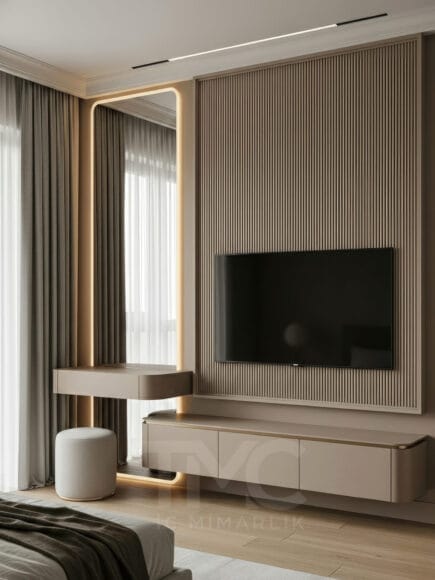 Etiler Beşiktaş Modern Yatak Odası TV Ünitesi ve Makyaj Alanı Tasarımı