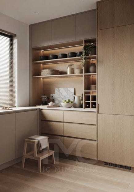 Modern kiler tasarımı, ölçüye özel depolama çözümleri ve LED aydınlatmalı raf sistemi ile fonksiyonel ve estetik mutfak düzeni sağlayan iç mimari proje.