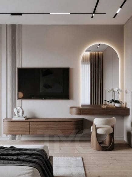 Modern TV ünitesi ve makyaj masası kombinasyonu ile tasarlanan Luna Bedroom Concept, minimal çizgiler, sıcak ahşap dokular ve LED aydınlatma ile fonksiyonel ve şık iç mimari çözüm sunar.