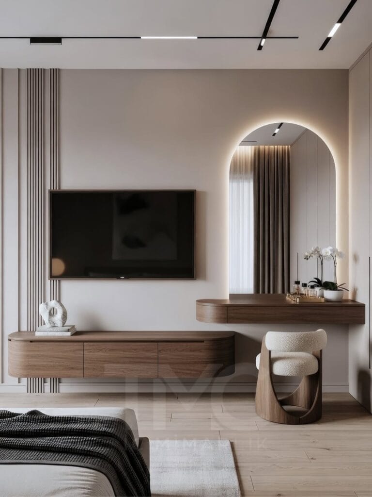 Modern yatak odasında TV ünitesi ve makyaj masası birlikte nasıl tasarlanır? Minimal tasarım, LED aydınlatma ve özel ölçü çözümler ile fonksiyonel ve şık iç mimari öneriler.