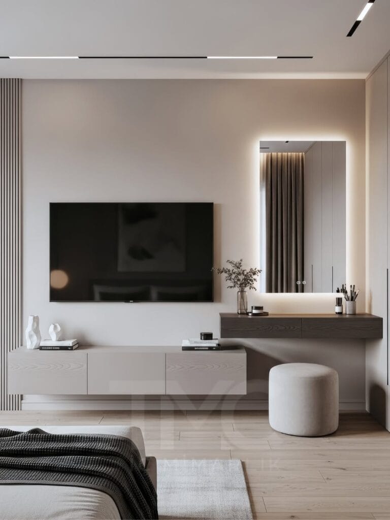 Modern yatak odasında TV ünitesi ve makyaj masası birlikte nasıl tasarlanır? Minimal tasarım, LED aydınlatma ve özel ölçü çözümler ile fonksiyonel ve şık iç mimari öneriler.