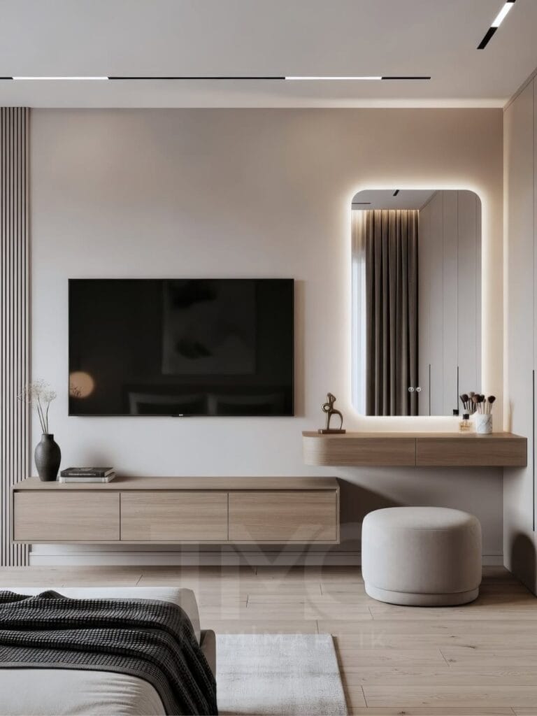 Modern yatak odasında TV ünitesi ve makyaj masası birlikte nasıl tasarlanır? Minimal tasarım, LED aydınlatma ve özel ölçü çözümler ile fonksiyonel ve şık iç mimari öneriler.