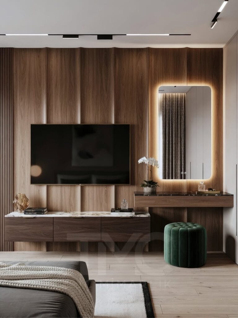 Modern yatak odasında TV ünitesi ve makyaj masası birlikte nasıl tasarlanır? Minimal tasarım, LED aydınlatma ve özel ölçü çözümler ile fonksiyonel ve şık iç mimari öneriler.
