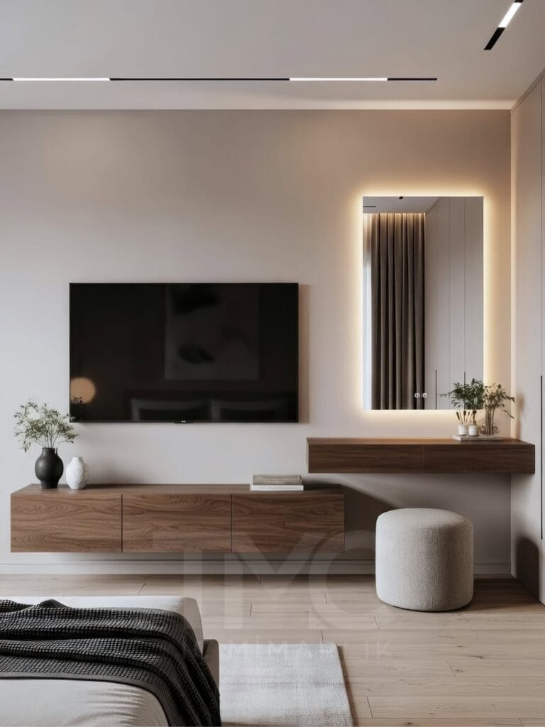 Modern yatak odasında TV ünitesi ve makyaj masası birlikte nasıl tasarlanır? Minimal tasarım, LED aydınlatma ve özel ölçü çözümler ile fonksiyonel ve şık iç mimari öneriler.