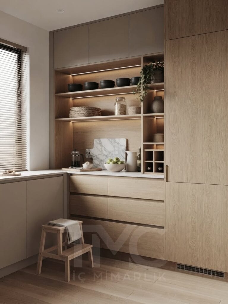 Modern kiler tasarımı, açık raflı depolama dolabı, entegre LED aydınlatmalı minimal mutfak kileri, açık tonlu modern iç mimari depolama çözümü.