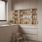 Modern kiler tasarımı, açık raflı depolama dolabı, entegre LED aydınlatmalı minimal mutfak kileri, açık tonlu modern iç mimari depolama çözümü.