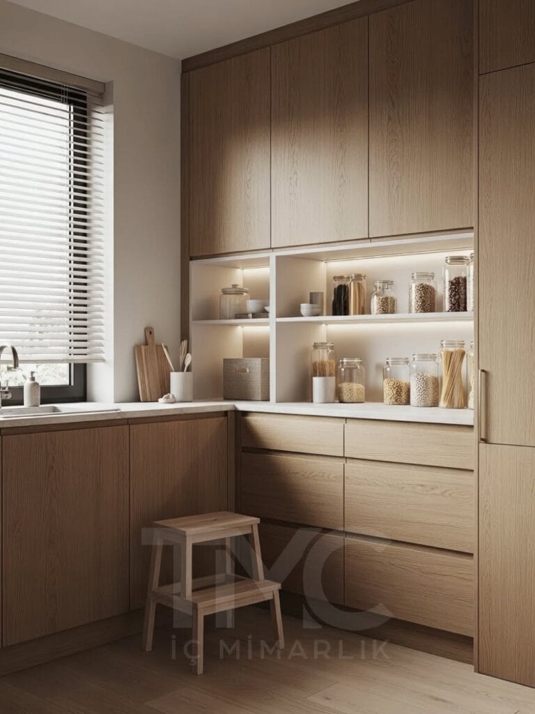 Modern kiler tasarımı, açık raflı depolama dolabı, entegre LED aydınlatmalı minimal mutfak kileri, açık tonlu modern iç mimari depolama çözümü.