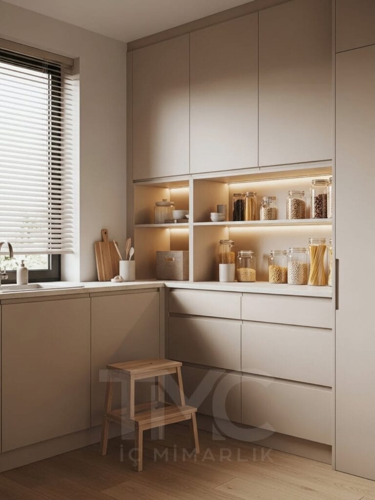 Modern kiler tasarımı, açık raflı depolama dolabı, entegre LED aydınlatmalı minimal mutfak kileri, açık tonlu modern iç mimari depolama çözümü.