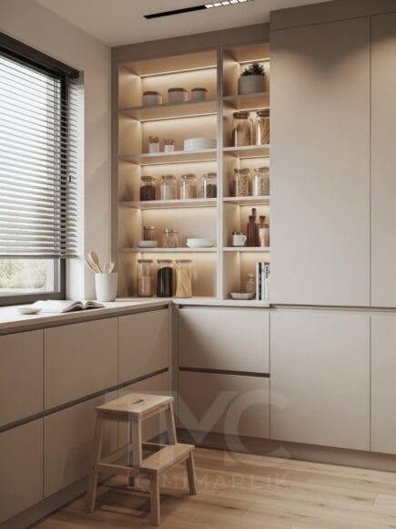 Modern kiler tasarımı, açık raflı depolama dolabı, entegre LED aydınlatmalı minimal mutfak kileri, açık tonlu modern iç mimari depolama çözümü.