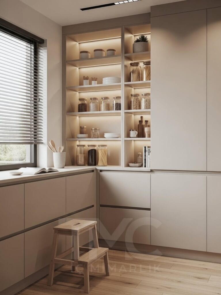 Modern kiler tasarımı, açık raflı depolama dolabı, entegre LED aydınlatmalı minimal mutfak kileri, açık tonlu modern iç mimari depolama çözümü.