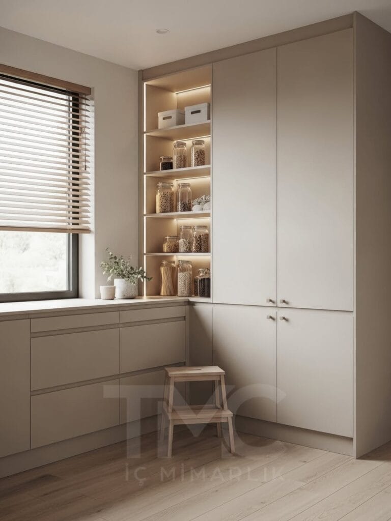 Modern kiler tasarımı, açık raflı depolama dolabı, entegre LED aydınlatmalı minimal mutfak kileri, açık tonlu modern iç mimari depolama çözümü.