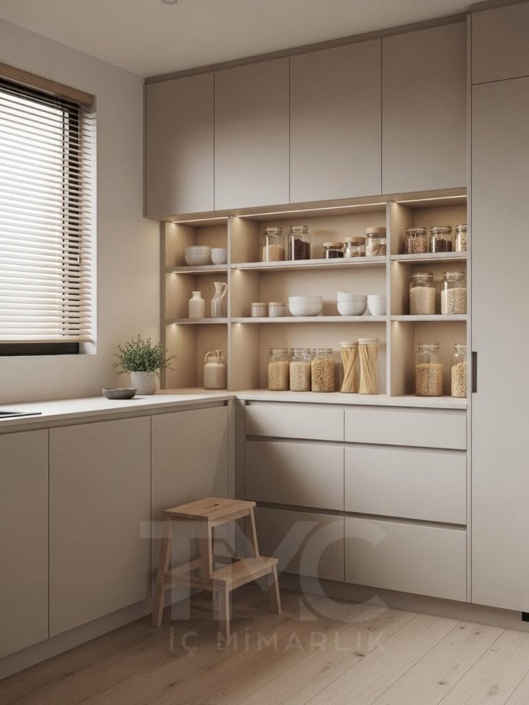 Modern kiler tasarımı, açık raflı depolama dolabı, entegre LED aydınlatmalı minimal mutfak kileri, açık tonlu modern iç mimari depolama çözümü.