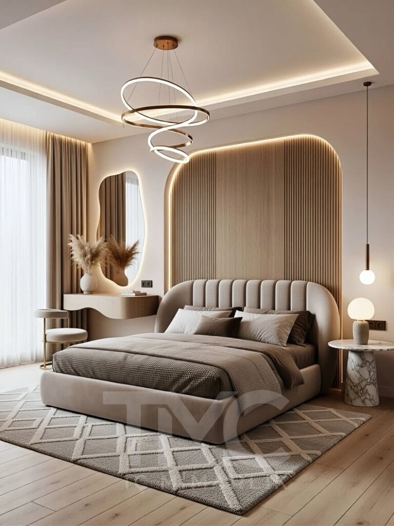 modern yatak odası tasarımı, led panel yatak başlığı, özel tasarım yatak odası, minimalist yatak odası, ahşap detaylı yatak odası, iç mimari yatak odası, modern interior bedroom design, luxury bedroom design, custom bedroom furniture, led headboard panel