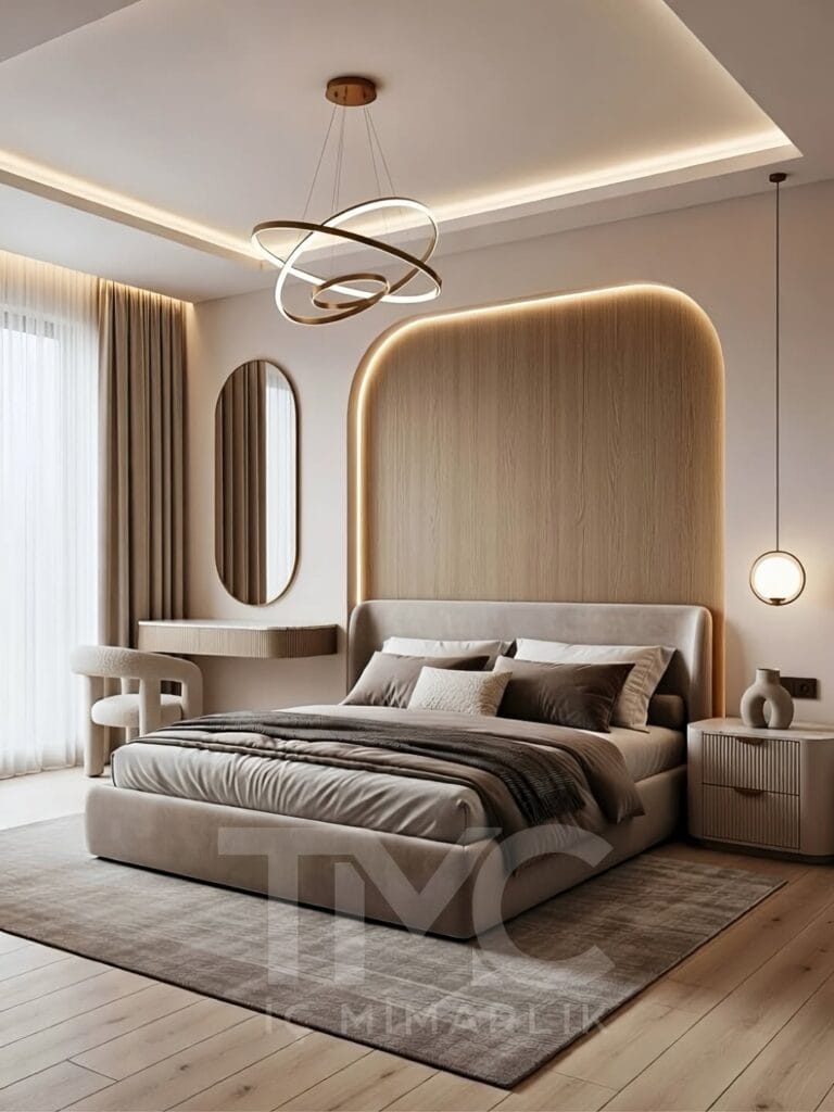 modern yatak odası tasarımı, led panel yatak başlığı, özel tasarım yatak odası, minimalist yatak odası, ahşap detaylı yatak odası, iç mimari yatak odası, modern interior bedroom design, luxury bedroom design, custom bedroom furniture, led headboard panel