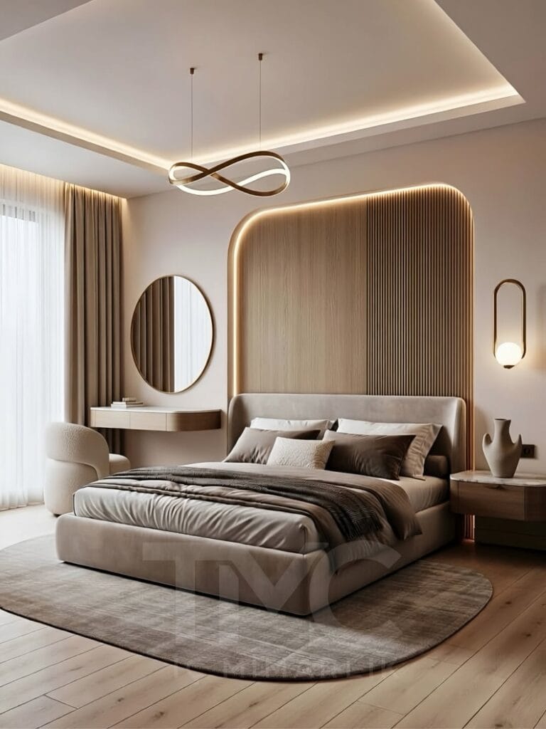 modern yatak odası tasarımı, led panel yatak başlığı, özel tasarım yatak odası, minimalist yatak odası, ahşap detaylı yatak odası, iç mimari yatak odası, modern interior bedroom design, luxury bedroom design, custom bedroom furniture, led headboard panel