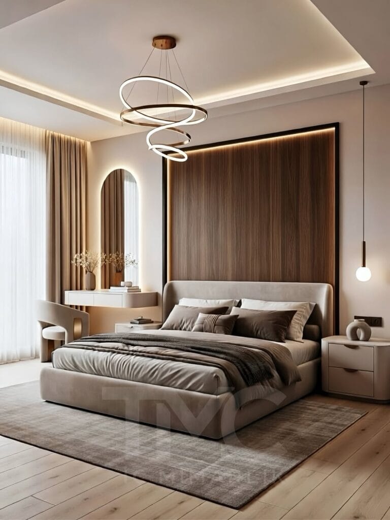 modern yatak odası tasarımı, led panel yatak başlığı, özel tasarım yatak odası, minimalist yatak odası, ahşap detaylı yatak odası, iç mimari yatak odası, modern interior bedroom design, luxury bedroom design, custom bedroom furniture, led headboard panel