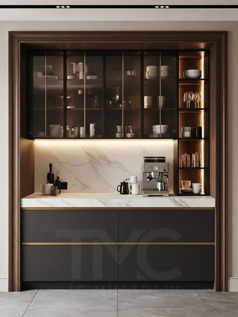 Modern kahve köşesi tasarımı, nervür cam kapak, mermer görünümlü yüzey ve LED aydınlatma detayları ile ölçüye özel premium coffee corner çözümü sunar.