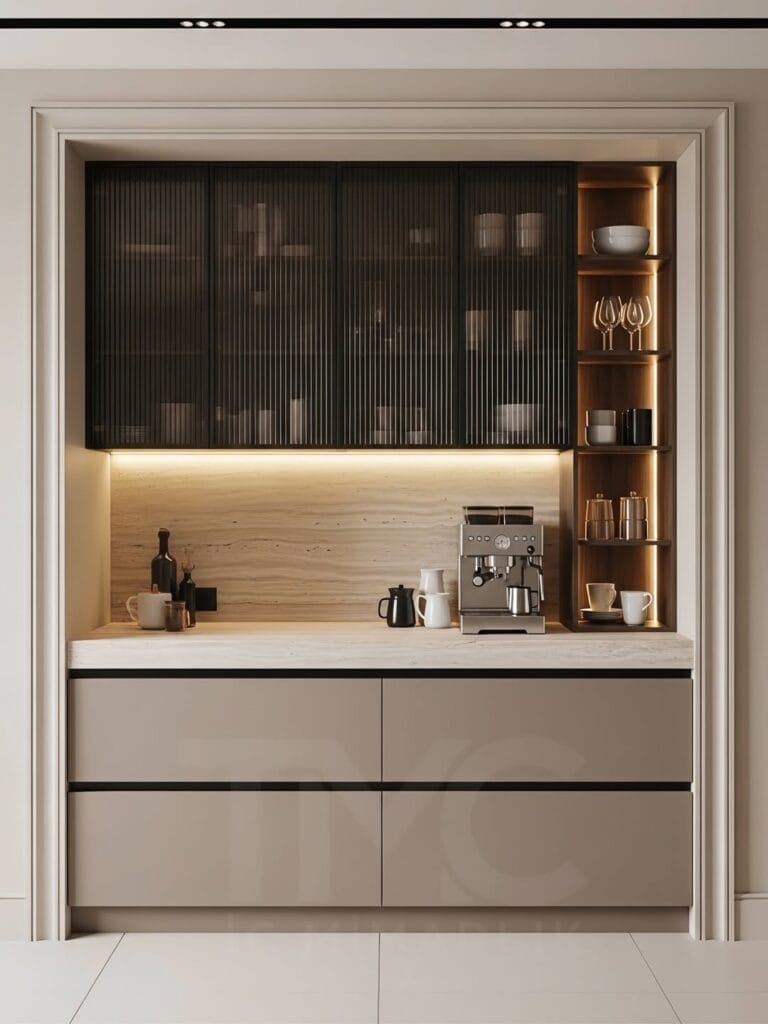 Modern kahve köşesi tasarımı, nervür cam kapak, mermer görünümlü yüzey ve LED aydınlatma detayları ile ölçüye özel premium coffee corner çözümü sunar.