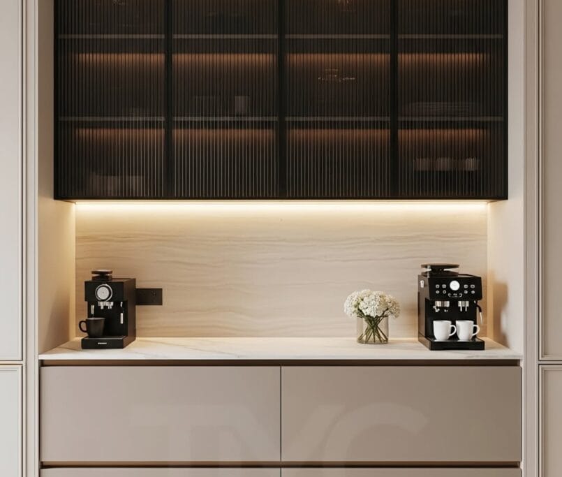 Modern kahve köşesi tasarımı, nervür cam kapak, mermer görünümlü yüzey ve LED aydınlatma detayları ile ölçüye özel premium coffee corner çözümü sunar.