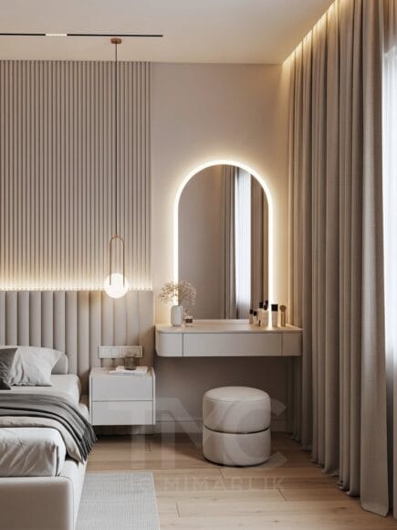 modern yatak odası makyaj alanı tasarımı, kemerli ayna, led aydınlatma, bej tonları, minimalist lüks iç mimari, özel ölçü mobilya