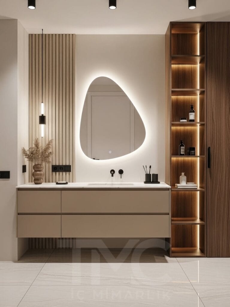 Vera Concept projesi kapsamında Ankara için özel olarak tasarlanan bu modern banyo tasarımı; depolama, estetik, LED aydınlatma ve ölçüye özel çözümleri bir araya getiriyor. URL / Slug