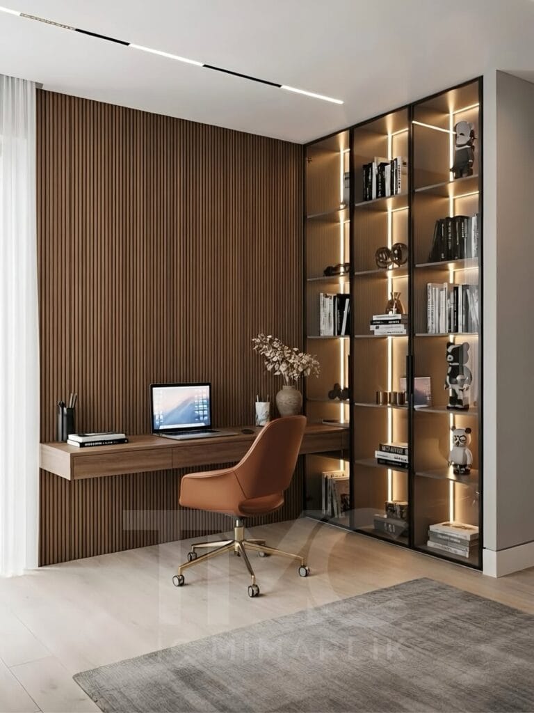 Modern çalışma alanı tasarımı, bronz cam kapaklı vitrin ve LED aydınlatmalı raf sistemi bulunan ahşap panel duvarlı minimalist home office iç mimari tasarım, duvara entegre masa ve dekoratif raf detayları ile modern lüks çalışma köşesi – TMC Mimarlık İstanbul