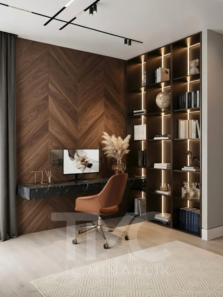 Modern çalışma alanı tasarımı, bronz cam kapaklı vitrin ve LED aydınlatmalı raf sistemi bulunan ahşap panel duvarlı minimalist home office iç mimari tasarım, duvara entegre masa ve dekoratif raf detayları ile modern lüks çalışma köşesi – TMC Mimarlık İstanbul