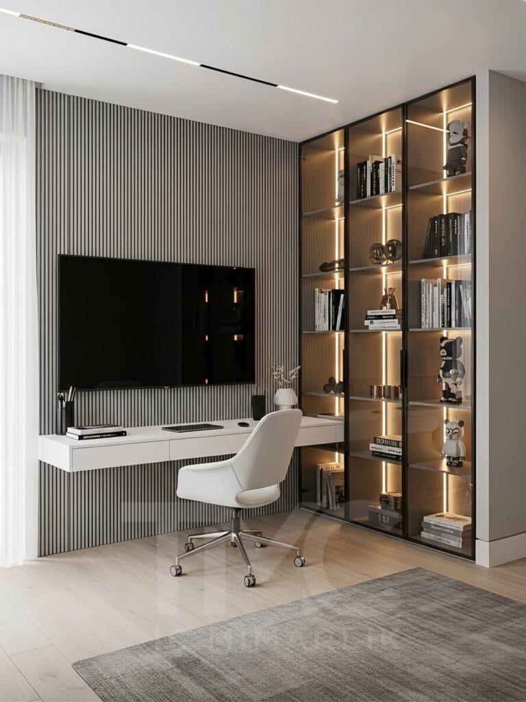 Modern çalışma alanı tasarımı, bronz cam kapaklı vitrin ve LED aydınlatmalı raf sistemi bulunan ahşap panel duvarlı minimalist home office iç mimari tasarım, duvara entegre masa ve dekoratif raf detayları ile modern lüks çalışma köşesi – TMC Mimarlık İstanbul