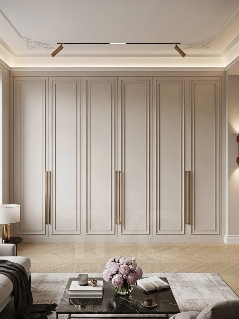 Vizon tonlarında modern klasik giyinme dolabı modeli. Gold kulp detaylı, özel ölçü tasarlanabilen lüks giyinme odası dolabı. Şık, fonksiyonel ve zamansız iç mimari çözüm.