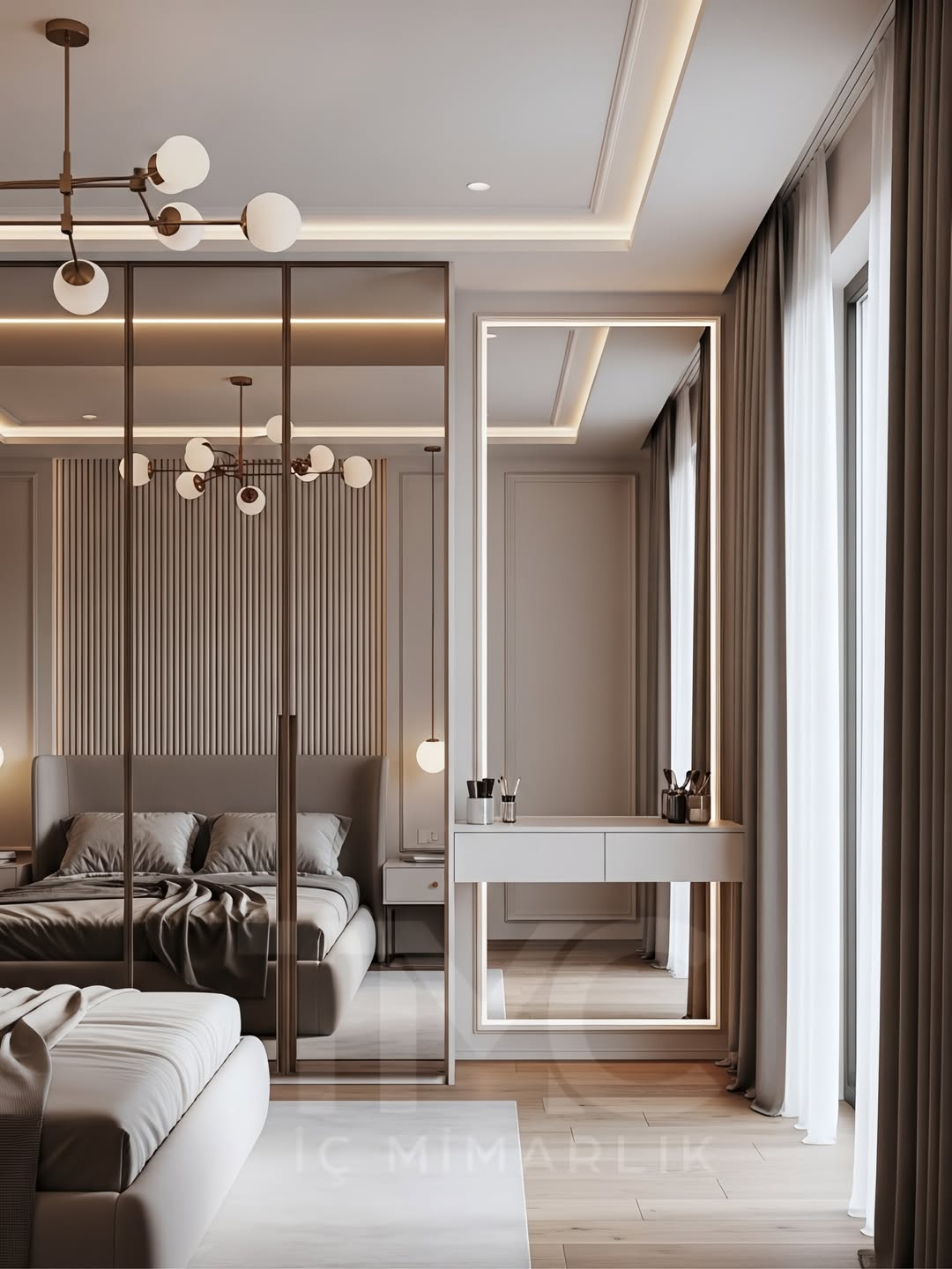 Modern giyinme alanı tasarımında vizon renk paleti, gizli kulp detayları ve LED aydınlatmalı makyaj alanı ile estetik ve fonksiyonel çözümler bir araya getirildi.